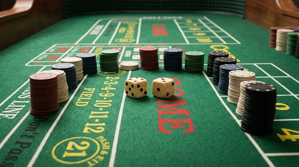 Craps-Würfelspiel im Online-Casino – zwei Würfel auf grünem Filz mit Chip-Stacks