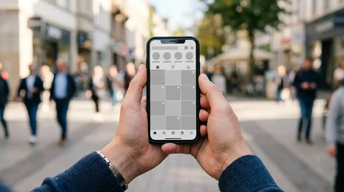 Hände halten ein Smartphone mit einer schlichten Slot-Oberfläche unterwegs
