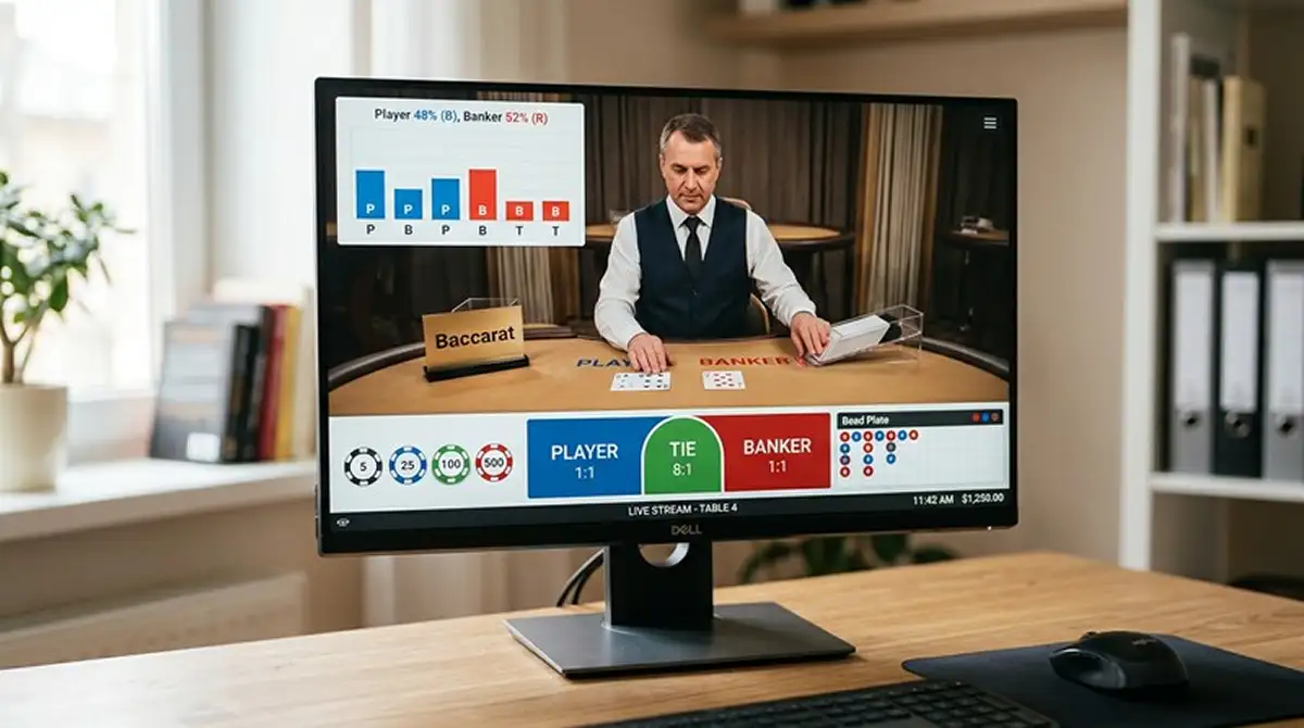 Live-Baccarat-Tisch im Online-Casino mit Dealer und Echtzeit-Statistik