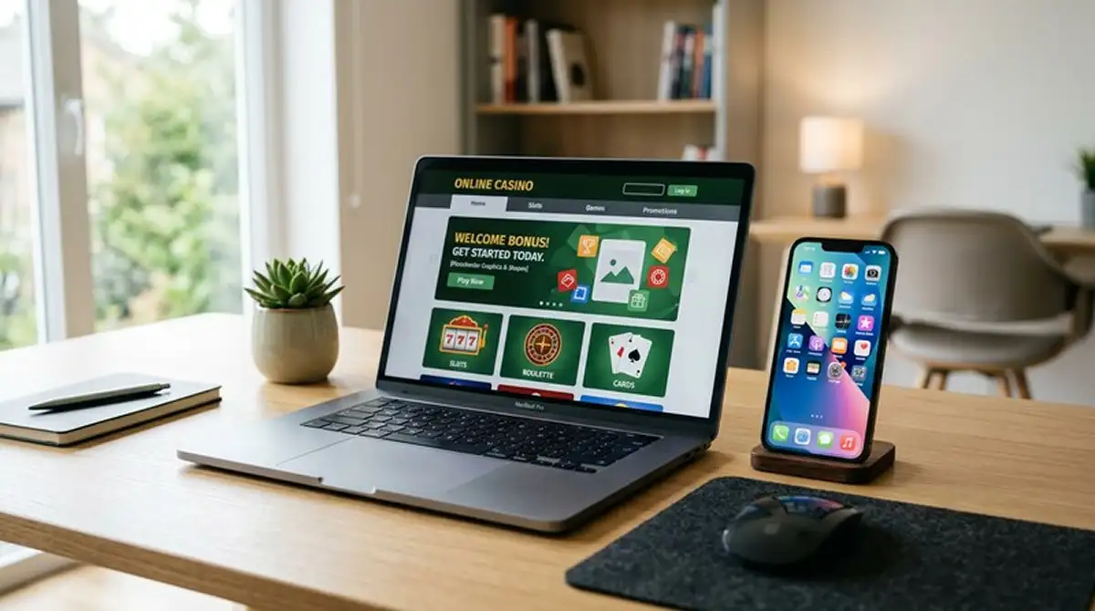 Neue Online-Casinos 2026 mit moderner Lobby auf Laptop, Startbildschirm mit Bonus