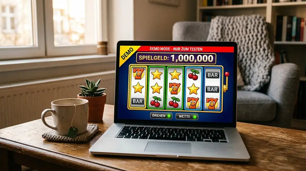 Gratis-Slots im Demo-Modus: Spielautomat auf Bildschirm mit Spielgeld-Anzeige