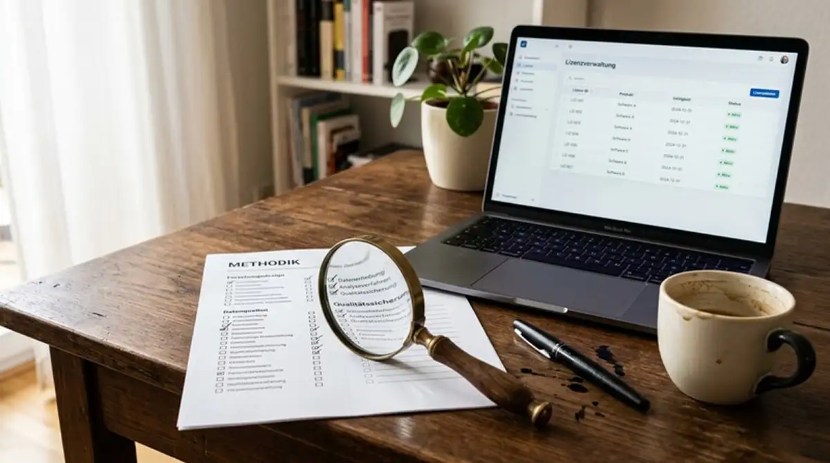 Methodik-Bild mit Checkliste, Lupe und Dokumenten zur Bewertung von Online-Spielotheken