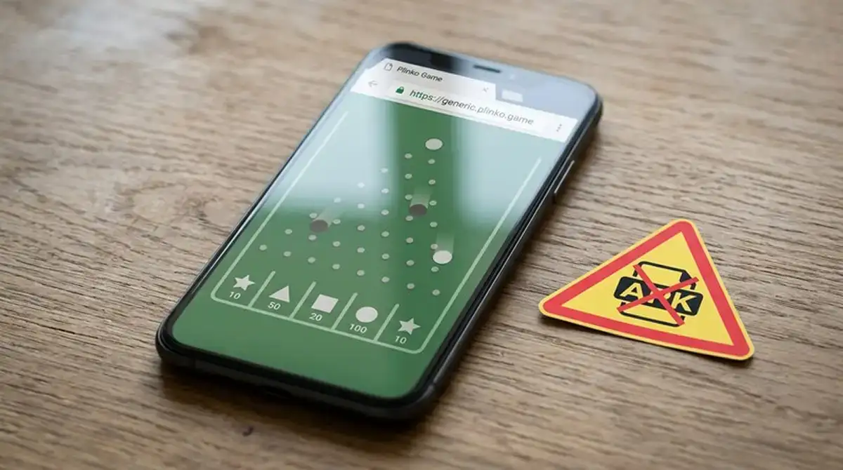 Smartphone mit Plinko-Spiel im mobilen Browser, daneben Warn-Schild mit durchgestrichenem APK-Symbol
