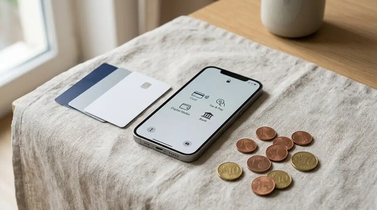 Zahlungsmethoden SEPA Klarna PayPal Trustly Kreditkarte mit Münzen
