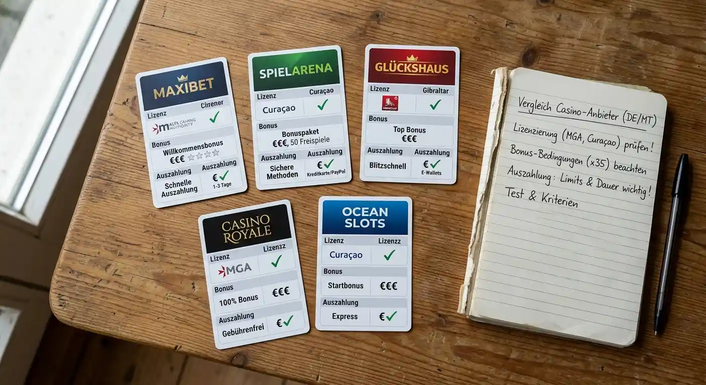 Casino-Porträts im Vergleich – mehrere Anbieterkarten mit Lizenz- und Bonusdetails