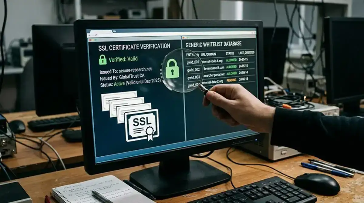 Methodik und Auswahlkriterien: SSL-Siegel, Test-Zertifikate und GGL-Whitelist auf einem Bildschirm