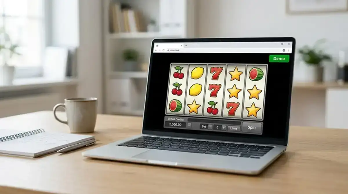 Gratis Casino Automatenspiele ohne Anmeldung – Browserfenster mit Slot-Walzen und Demo-Guthaben