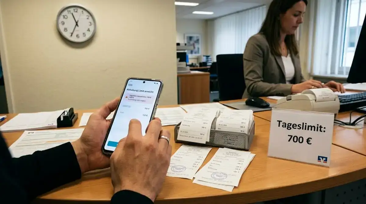 Auszahlungstisch: Spieler mit Auszahlungsbelegen, Tageslimit-Anzeige und Wartezeiten
