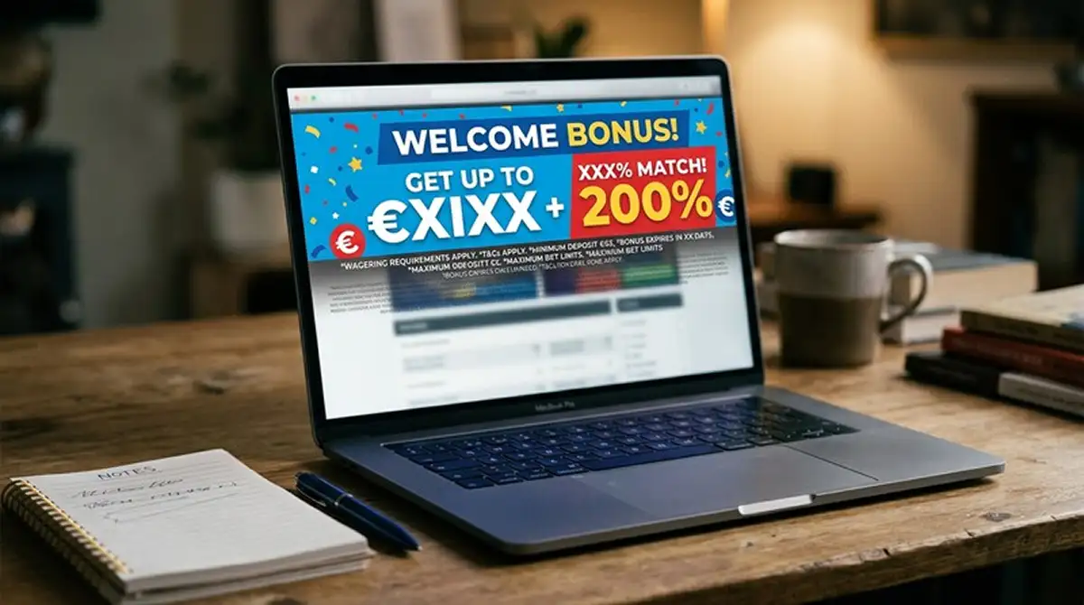 Casino-Laptop mit Bonus-Headern und Warnsymbol für versteckte Umsatzbedingungen