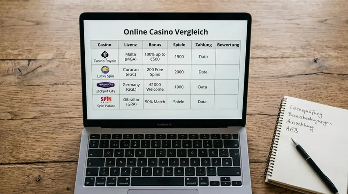 Laptop-Bildschirm mit einer Vergleichstabelle von Online Casinos mit Autoplay