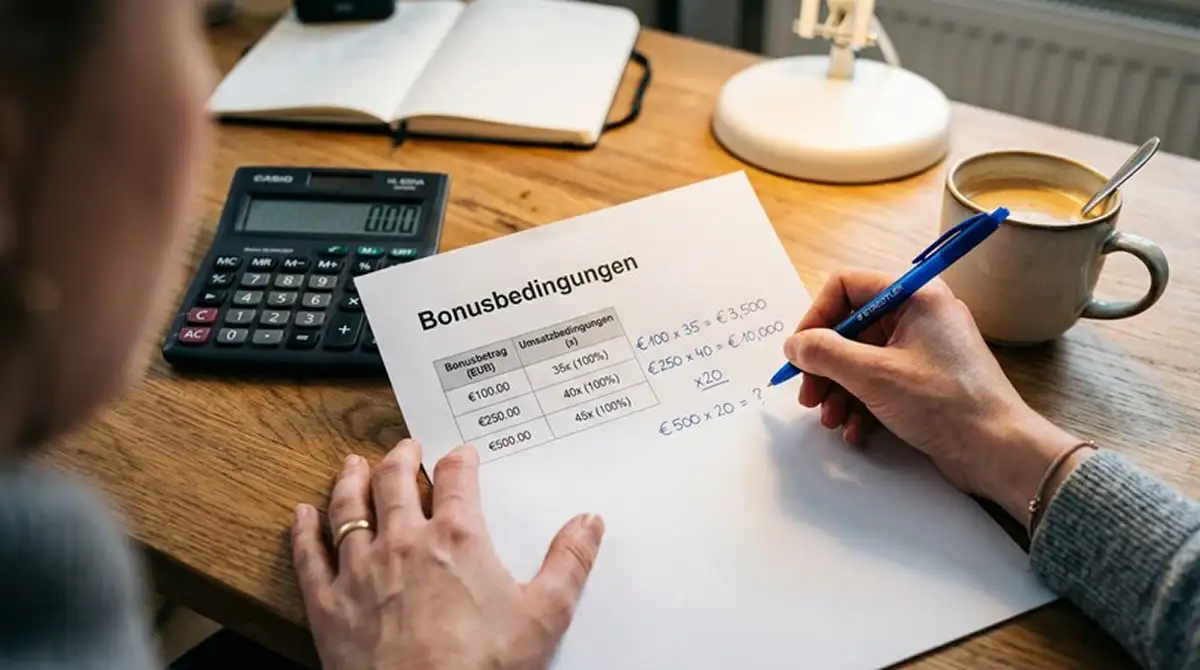 Stapel Geldscheine auf einem Spieltisch daneben ein Vertrag mit der Aufschrift Bonusbedingungen