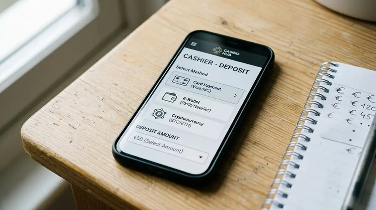 Mobiltelefon mit einer Online-Casino-Kasse und Auswahl an Zahlungsmethoden