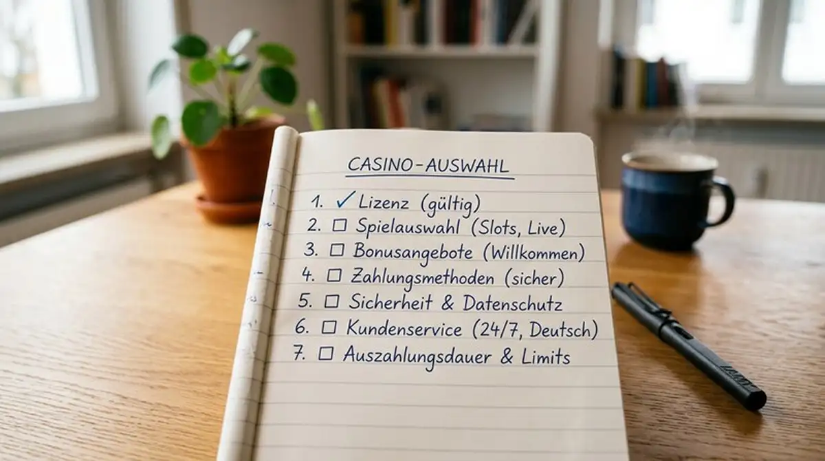 Notizbuch mit Stift und aufgelisteten Casino-Auswahlkriterien: Lizenz, Spielauswahl, Bonus, Zahlung, Service