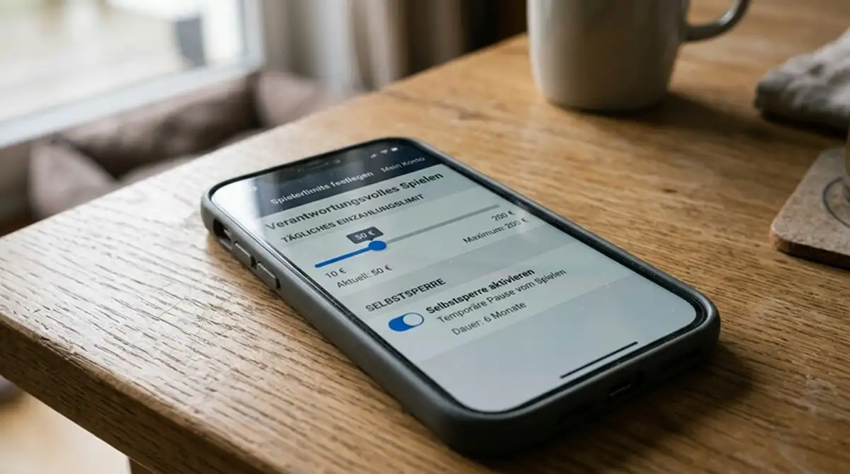 Handy-Bildschirm mit aktivierten Einzahlungslimits und einer Selbstsperre-Funktion in einer Casino-App
